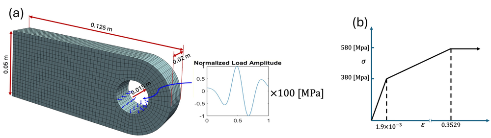 3D lug specimen with its finite element mesh and time-dependent loading